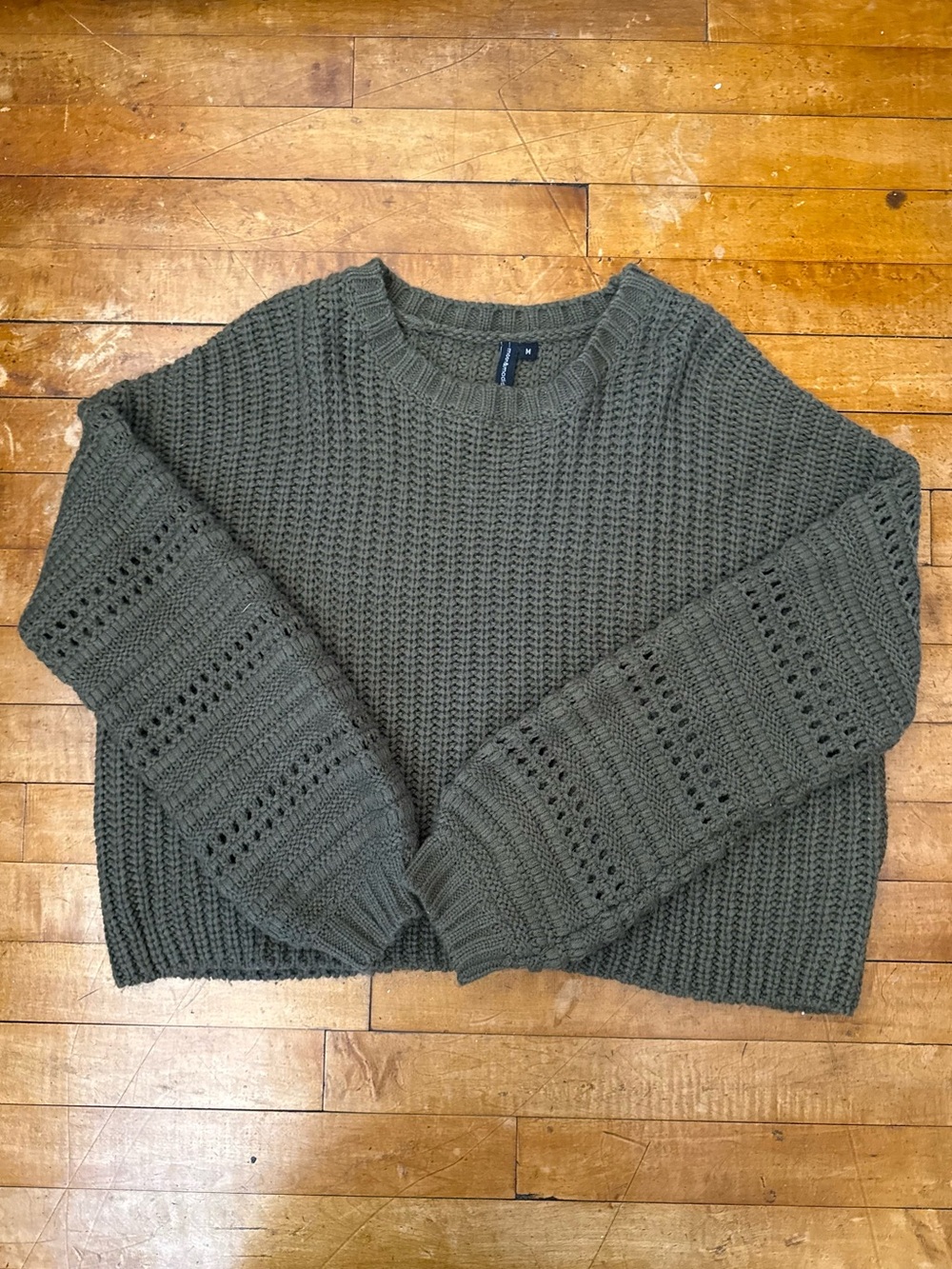 Olive Open-Knit Crewneck Sweater